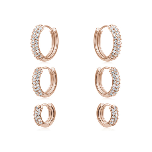THREE ROW PAVE HUGGIES SETS (3 pairs)