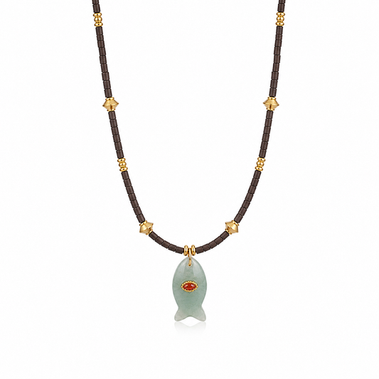 Seafoam Fish Pendant Beaded Necklace