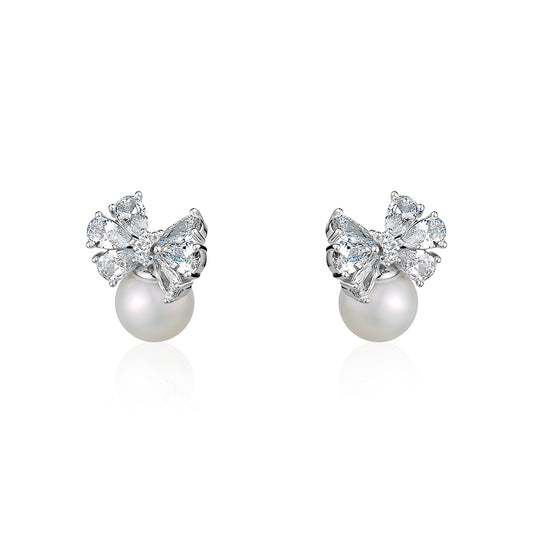 CRYSTAL BOW PEARL EARRINGS