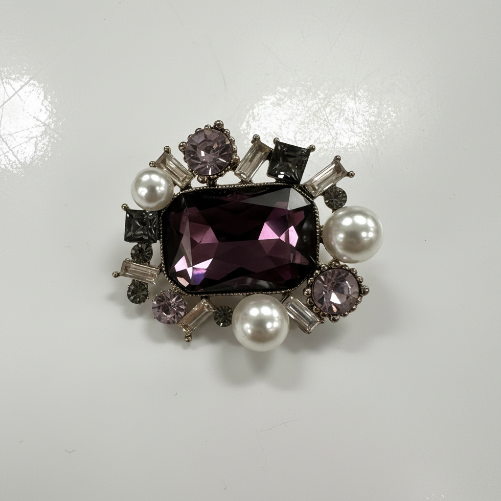 Purple Crystal Brooch on White Background