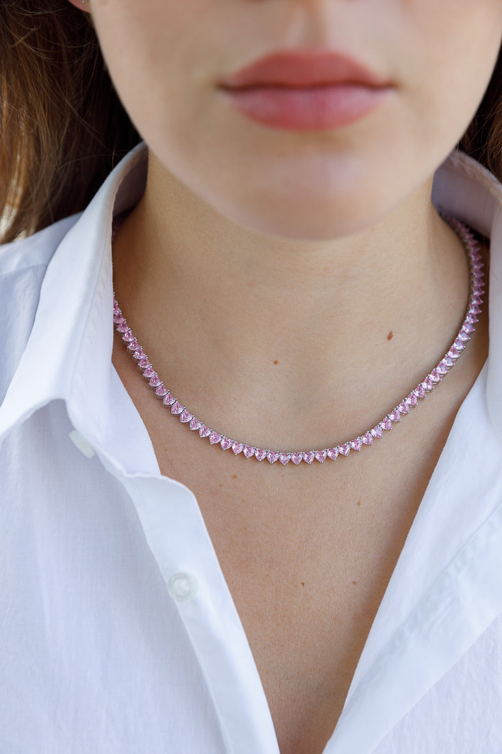 ALL HEARTS TENNIS NECKLACE PINK CRYSTALS Limlim fashion accessories
